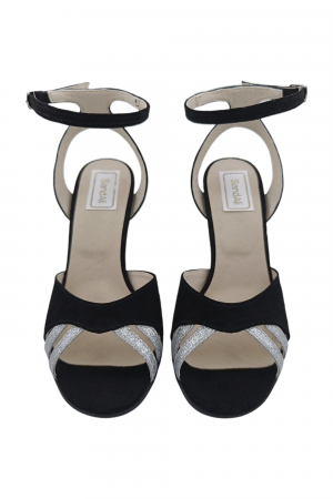 Sandale damă, piele naturală, toc mediu cui, imbracat, glitter argintiu, negru [3]