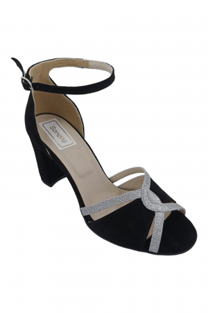 Sandale cu toc înalt - Sandale damă, piele naturală, toc mediu gros îmbrăcat, glitter argintiu, negru