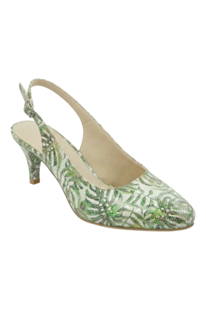 Pantofi sanda cu toc subtire - Sandale damă piele naturală verde cu imprimeu frunze