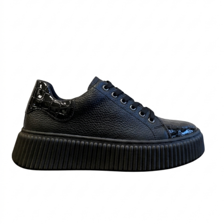 Primavara - Sneakers damă negri piele naturală bizonată cu croco – talpă cusută