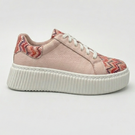 Sneakers - Sneakers damă piele naturală roz cu imprimeu chevron și talpă cusută