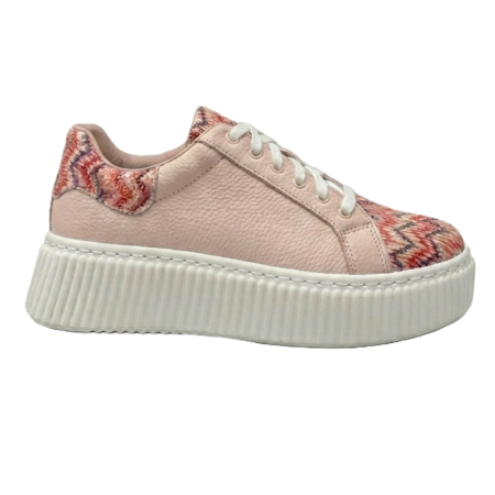 Sneakers - Sneakers damă piele naturală roz cu imprimeu chevron și talpă cusută