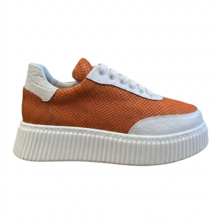 Primavara - Sneakers dama portocalii din piele naturala – model fashion cu talpa cusuta