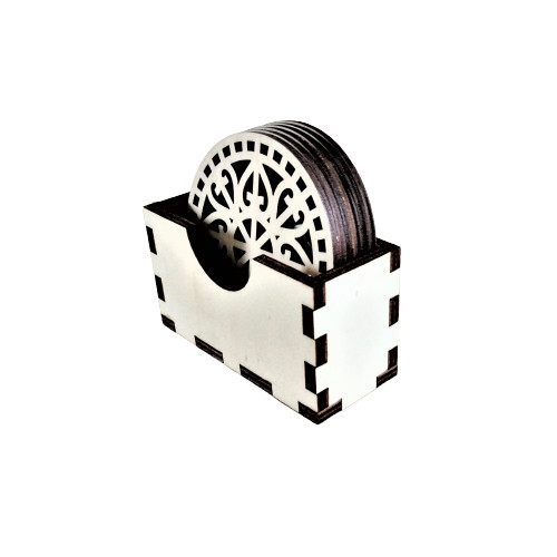 Set 6 suporturi pentru pahare + cutie, blank lemn, rotund, 9 cm, model decupat M2 [2]