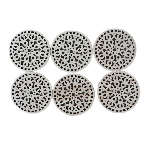 Set 6 suporturi pentru pahare + cutie, blank lemn, rotund, 9 cm, model decupat M1 [3]