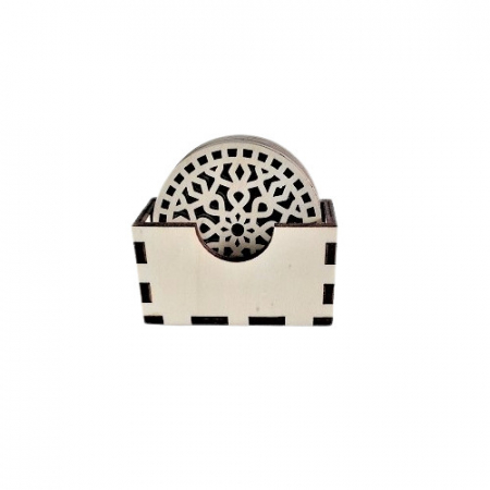 Decoratiuni casa - Set 6 suporturi pentru pahare + cutie, blank lemn, rotund, 9 cm, model decupat M1