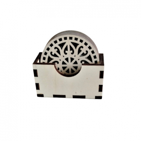 Decoratiuni casa - Set 6 suporturi pentru pahare + cutie, blank lemn, rotund, 9 cm, model decupat M2