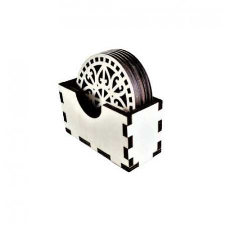 Set 6 suporturi pentru pahare + cutie, blank lemn, rotund, 9 cm, model decupat M2 [1]
