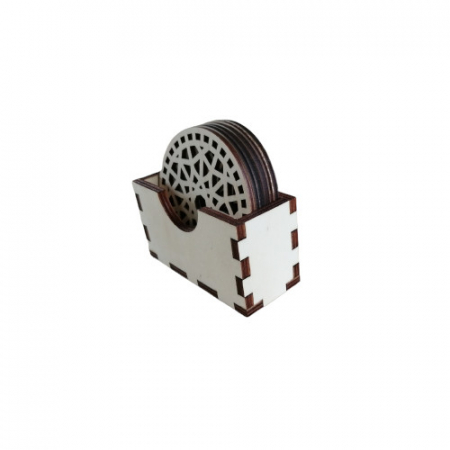 Set 6 suporturi pentru pahare si cutie pentru suporturi, blank lemn, rotund, 9 cm, model decupat M3 [1]