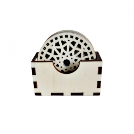 Decoratiuni casa - Set 6 suporturi pentru pahare si cutie pentru suporturi, blank lemn, rotund, 9 cm, model decupat M3