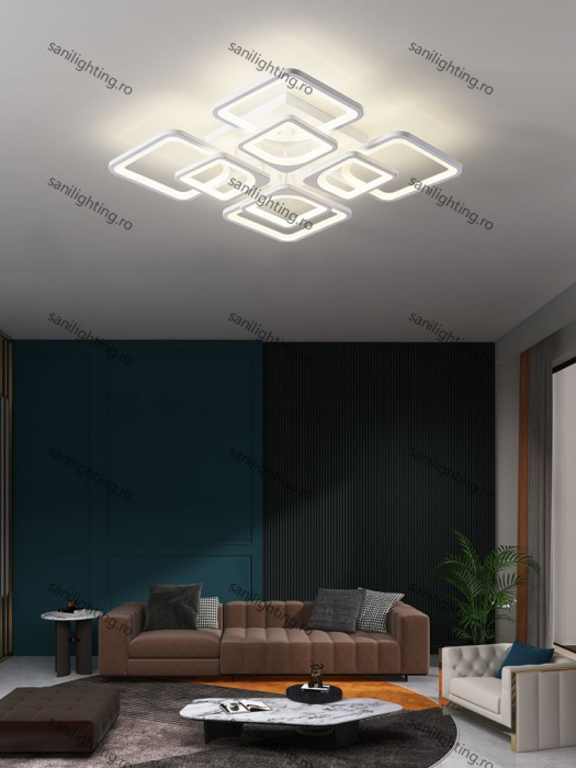 Lustra Led Patrat 256W, Alba, 4+4 brate, telecomanda, intensitate reglabila [1]