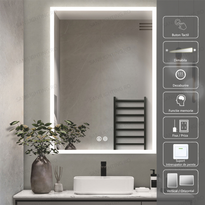 Oglinda LED  60x80 cm, Intrerupator Touch, Dezaburire, 3 tipuri de lumina, Dimabila   SN 035 [1]