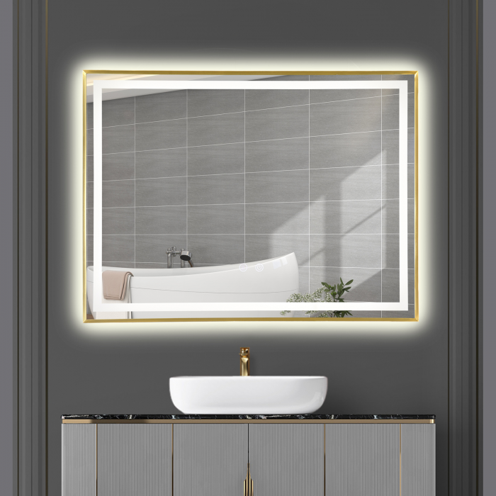 Oglinda LED  80x60 cm, Intrerupator Touch, Dezaburire, 3 tipuri de lumina, Dimabila, Rama Auriu  SN 033 GD [2]