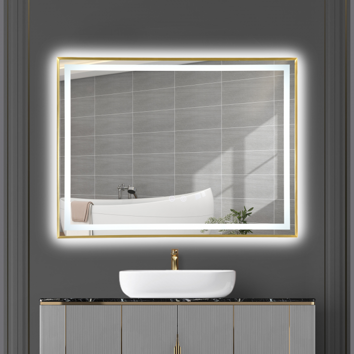 Oglinda LED  80x60 cm, Intrerupator Touch, Dezaburire, 3 tipuri de lumina, Dimabila, Rama Auriu  SN 033 GD [3]