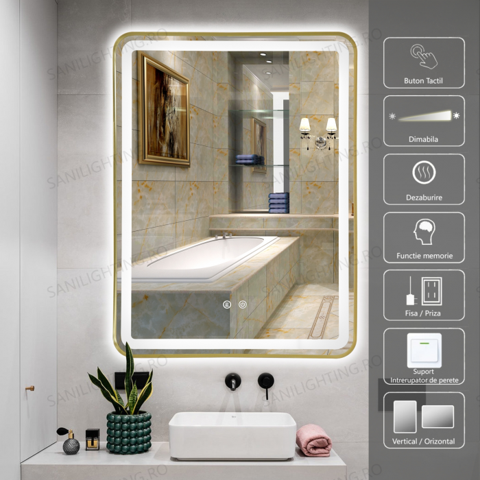 Oglinda LED  80x60 cm, Intrerupator Touch, Dezaburire, 3 tipuri de lumina, Dimabila, Rama Auriu  SN 039 GD [1]