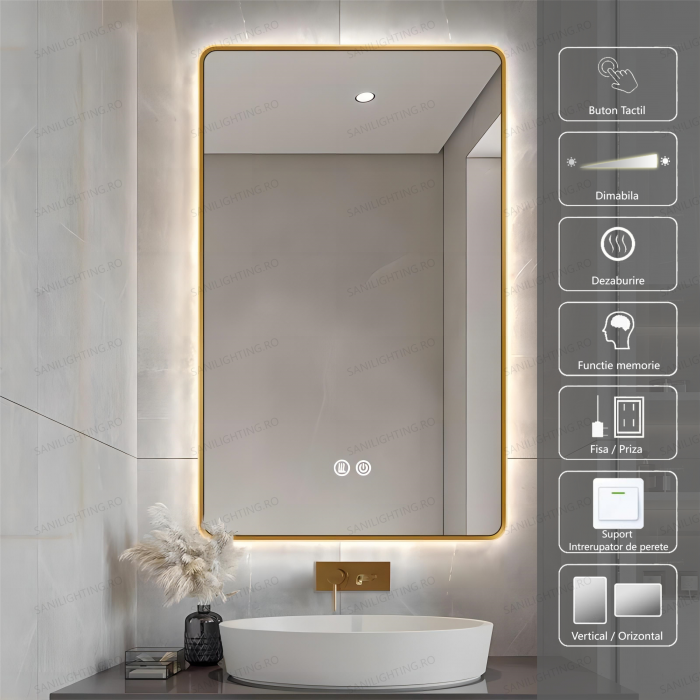 Oglinda LED  80x60 cm, Intrerupator Touch, Dezaburire, 3 tipuri de lumina ,Dimabila ,Rama Auriu  SN 041 [1]