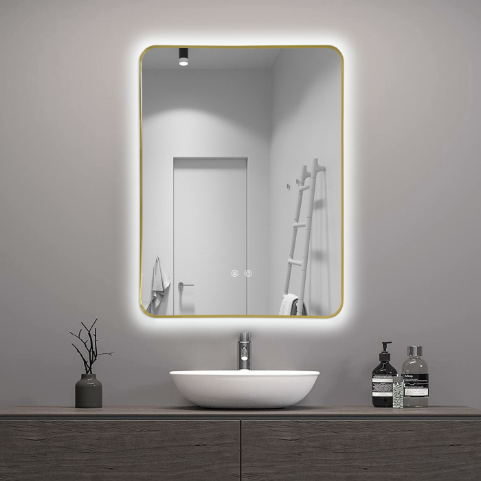 Oglinda LED  80x60 cm, Intrerupator Touch, Dezaburire, 3 tipuri de lumina ,Dimabila ,Rama Auriu  SN 041 [3]