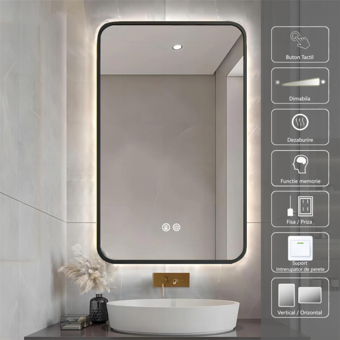 Oglinda LED  80x60 cm, Intrerupator Touch, Dezaburire, 3 tipuri de lumina ,Dimabila , Rama Negru SN 041 BK [2]