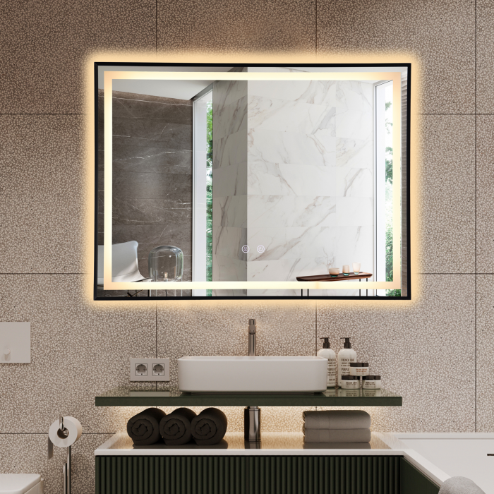Oglinda LED  80x60 cm, Intrerupator Touch, Dezaburire, 3 tipuri de lumina, Dimabila, Rama Negru  SN 033 BK [4]