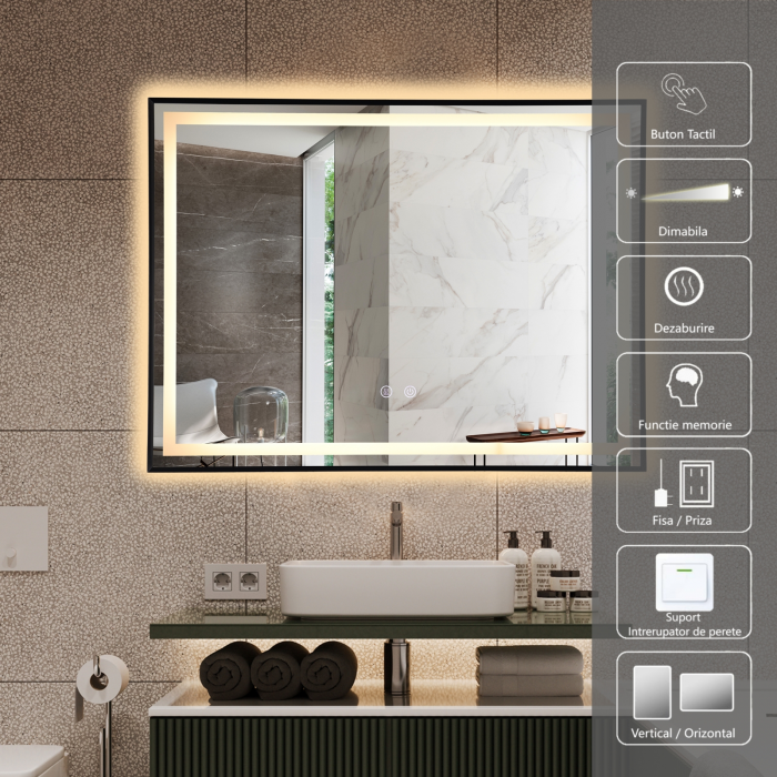 Oglinda LED  80x60 cm, Intrerupator Touch, Dezaburire, 3 tipuri de lumina, Dimabila, Rama Negru  SN 033 BK [1]