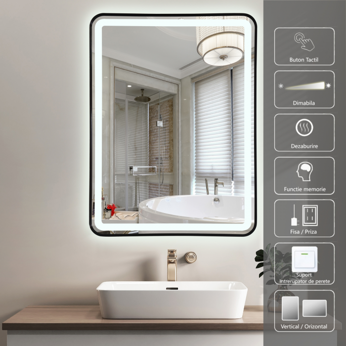 Oglinda LED  80x60 cm, Intrerupator Touch, Dezaburire, 3 tipuri de lumina, Dimabila, Rama Negru  SN 039 BK [1]