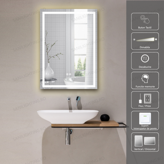 Oglinda LED  80x60 cm, Intrerupator Touch, Dezaburire, 3 tipuri de lumina, Dimabila   SN 037 [3]