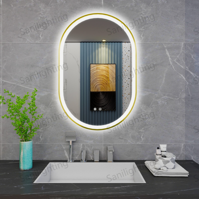Oglinda LED  90x60 cm,Ovala, Intrerupator Touch, Dezaburire, Rama metal Auriu ,3 tipuri de lumina, Dimabila   SN 061  -1 A [2]