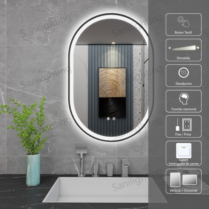 Oglinda LED  90x60 cm,Ovala, Intrerupator Touch, Dezaburire, Rama metal Negru ,3 tipuri de lumina, Dimabila   SN 061  -1 N [2]