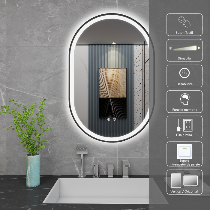 Oglinda LED  90x60 cm,Ovala, Intrerupator Touch, Dezaburire, Rama metal Negru ,3 tipuri de lumina, Dimabila   SN 061  -1 N [3]