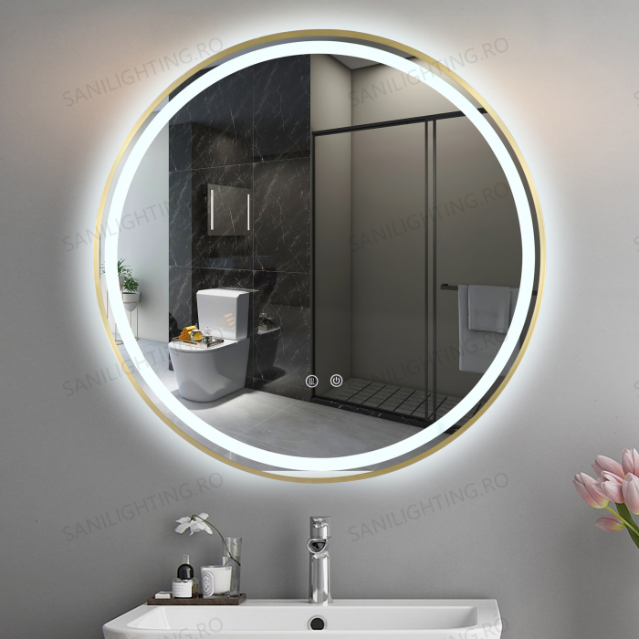 Oglinda LED Diametru 70 cm, Intrerupator Touch, Dezaburire, 3 tipuri de lumina, Dimabila, Rama Auriu  SN 016 GD [3]