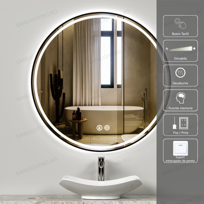 Oglinda LED Diametru 70 cm, Intrerupator Touch, Dezaburire, 3 tipuri de lumina, Dimabila, Rama Negru  SN  016 BK [1]