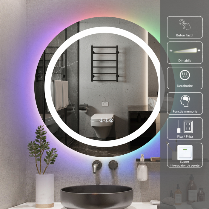 Oglinda LED Diametru 70cm, RGB Intrerupator Touch, Dezaburire, 3 tipuri de lumina, Dimabila  SN013 RGB [2]
