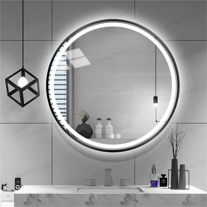 Oglinda LED Diametru 70 cm, Intrerupator Touch, Dezaburire, 3 tipuri de lumina, Dimabila, Rama Negru  SN  016 BK [2]