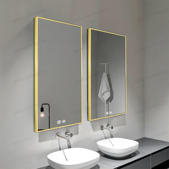 Oglinda LED  80x60 cm, Intrerupator Touch, Dezaburire, 3 tipuri de lumina ,Dimabila ,Rama Auriu  SN 041 [3]