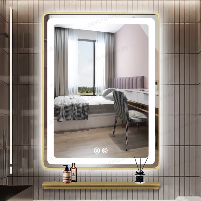 Oglinda LED  80x60 cm, Intrerupator Touch, Dezaburire, 3 tipuri de lumina, Dimabila, Rama Auriu  SN 039 GD [2]