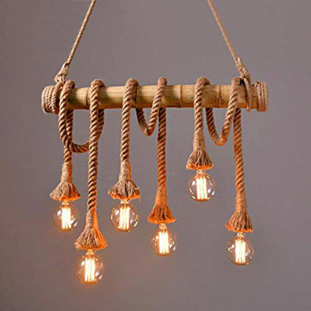 Lustre LED - Pendul vintage din sfoara si bambus, 6 dulii E27
