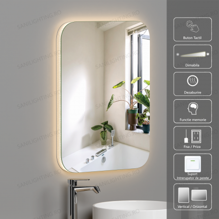 Oglinzi dreptunghiulare - Oglinda LED 50x70cm, Rama Acril, Intrerupator Touch, Dezaburire, 3 tipuri de lumina, Dimabila   SN 038
