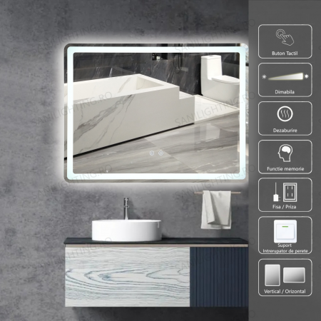 Oglinzi dreptunghiulare - Oglinda LED  60x80 cm, Intrerupator Touch, Dezaburire, 3 tipuri de lumina, Dimabila   SN 037 Y