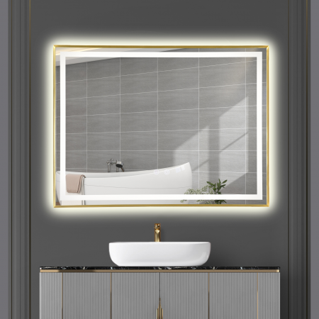 Oglinda LED  80x60 cm, Intrerupator Touch, Dezaburire, 3 tipuri de lumina, Dimabila, Rama Auriu  SN 033 GD [1]