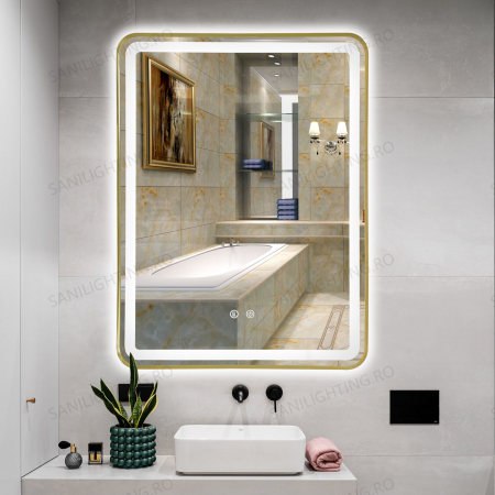 Oglinda LED  80x60 cm, Intrerupator Touch, Dezaburire, 3 tipuri de lumina, Dimabila, Rama Auriu  SN 039 GD [2]