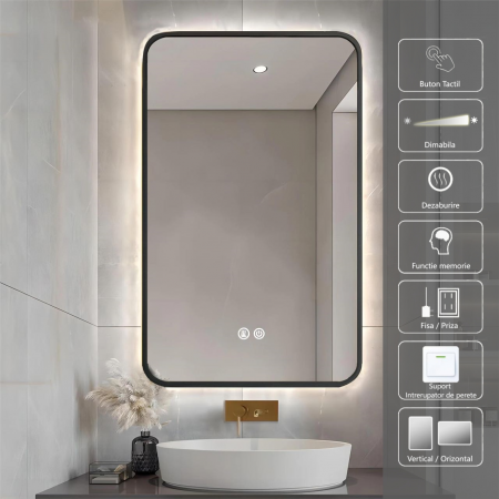 Oglinda LED  80x60 cm, Intrerupator Touch, Dezaburire, 3 tipuri de lumina ,Dimabila , Rama Negru SN 041 BK [1]