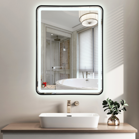 Oglinzi cu led - Oglinda LED  80x60 cm, Intrerupator Touch, Dezaburire, 3 tipuri de lumina, Dimabila, Rama Negru  SN 039 BK