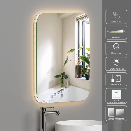Oglinzi dreptunghiulare - Oglinda LED 80x60cm, Rama Acril, Intrerupator Touch, Dezaburire, 3 tipuri de lumina, Dimabila   SN 003