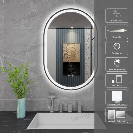 Oglinda LED  90x60 cm,Ovala, Intrerupator Touch, Dezaburire, Rama metal Negru ,3 tipuri de lumina, Dimabila   SN 061  -1 N [1]