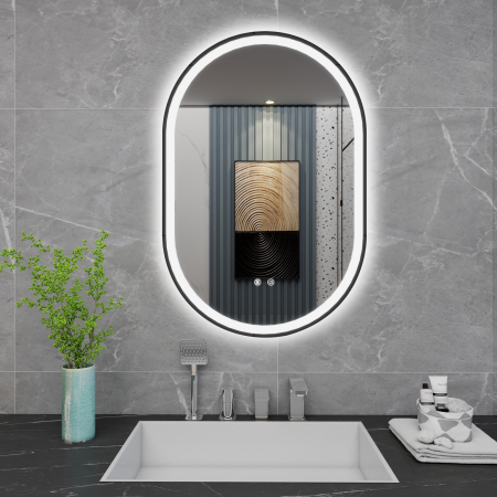 Oglinzi ovale - Oglinda LED  90x60 cm,Ovala, Intrerupator Touch, Dezaburire, Rama metal Negru ,3 tipuri de lumina, Dimabila   SN 061  -1 N