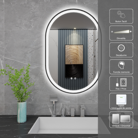 Oglinda LED  90x60 cm,Ovala, Intrerupator Touch, Dezaburire, Rama metal Negru ,3 tipuri de lumina, Dimabila   SN 061  -1 N [2]