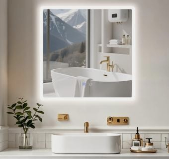 Oglinzi dreptunghiulare - Oglinda LED  Patrata ,70x70 cm, Intrerupator Touch, Dezaburire, 3 tipuri de lumina, Dimabila