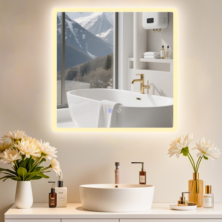 Oglinda LED  Patrata ,70x70 cm, Intrerupator Touch, Dezaburire, 3 tipuri de lumina, Dimabila [2]