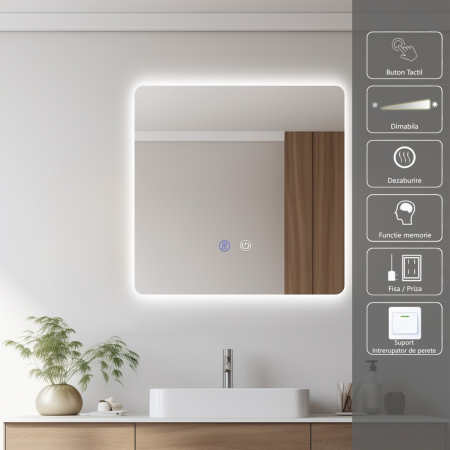 Oglinda LED  Patrata ,70x70 cm, Touch, Dezaburire, 3 tipuri de lumina, Dimabila [3]