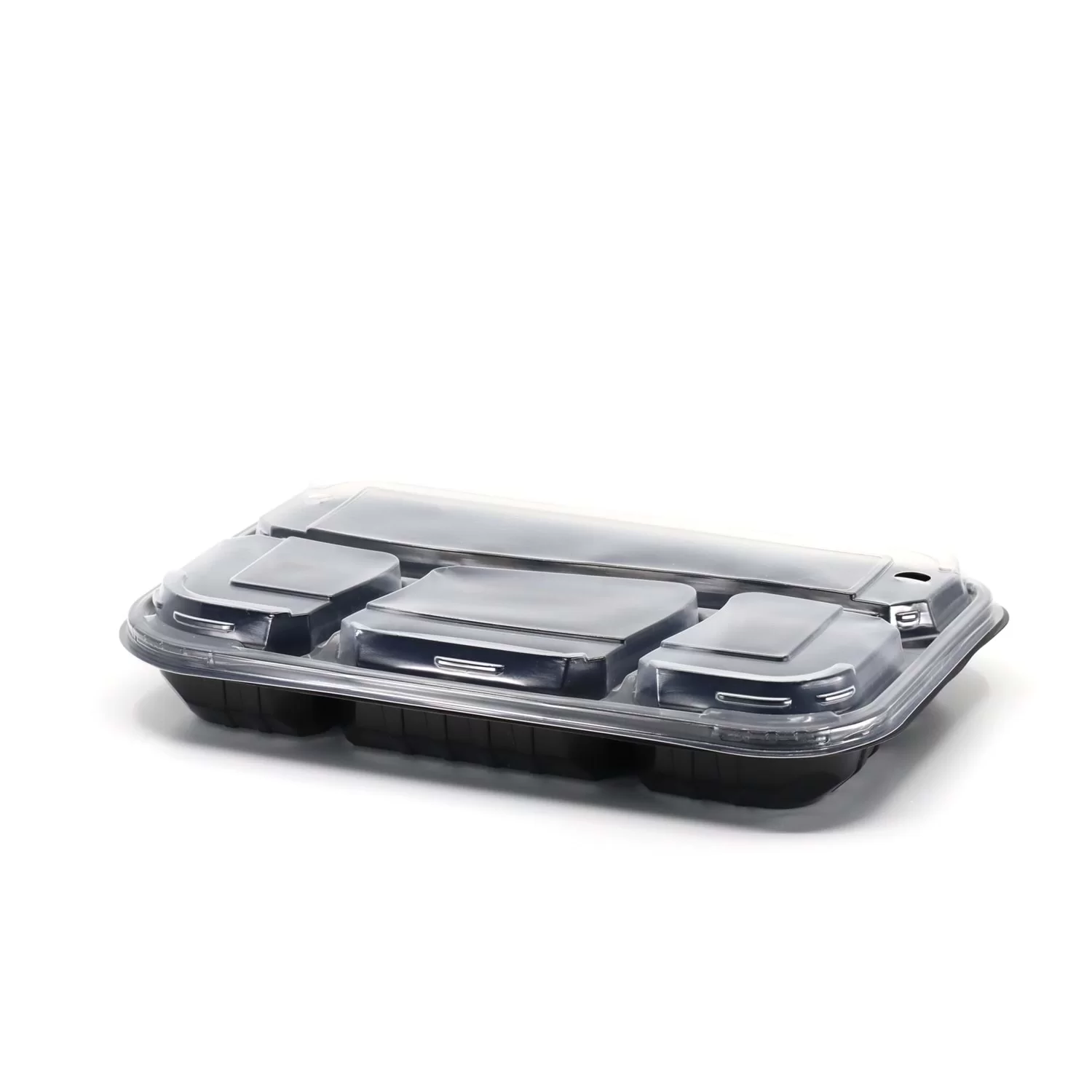 Ambalaje si Consumabile - Caserola PP Neagra cu Capac Transparent, 4 compartimente, 280X195X45+15mm/ 75 bax